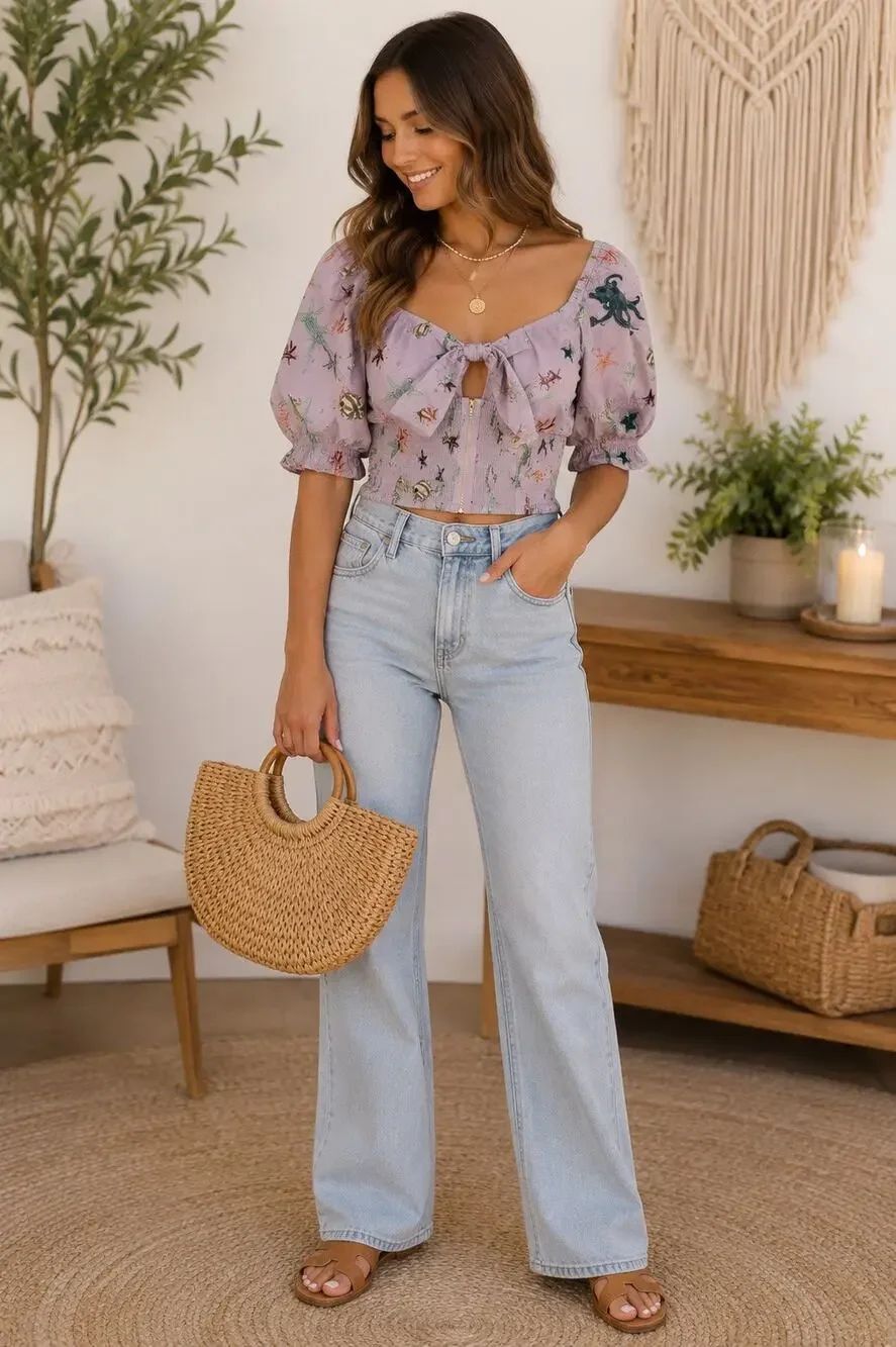 Hill House Home Isabella Sea Creatures Puff Sleeve Crop Top NWT Medium